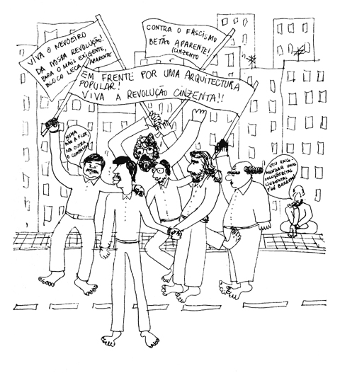  1975, movimento por uma nova escola, proposta cinzenta.  direita, silhueta de Francisco Barata entre Jos Gigante (autor do registo humorstico), ao fundo, e Fernando Tvora. 